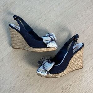 Prada Women’s Suede Wedge Sandals Navy/Beige Bow Ankle Strap Buckle Sz 6